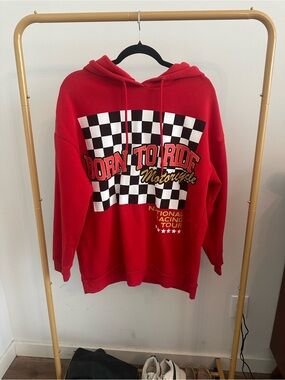 Born to Ride Red Hoodie with Checkerboard Graphic